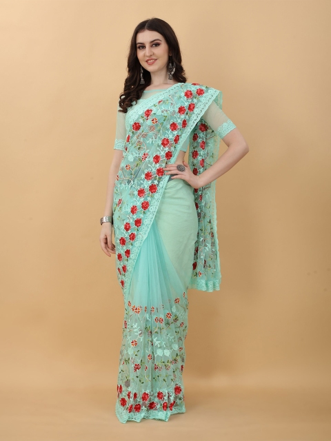 

kasee Blue & Red Floral Embroidered Net Heavy Work Saree