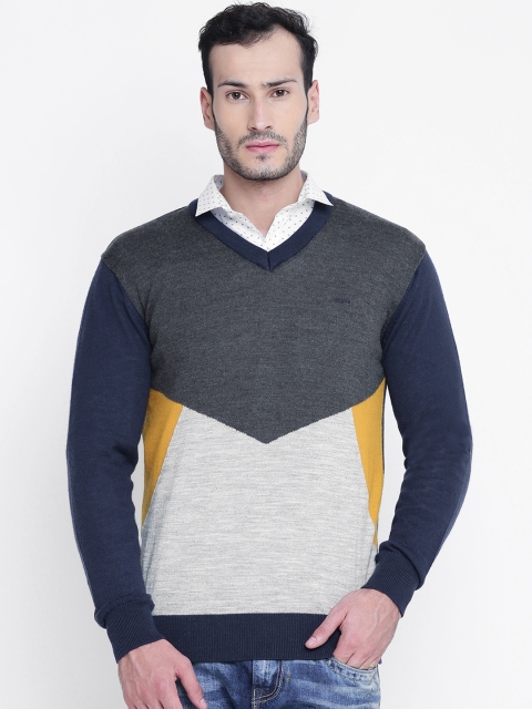 

ColorPlus Men Grey Melange & Navy Colourblocked Sweater