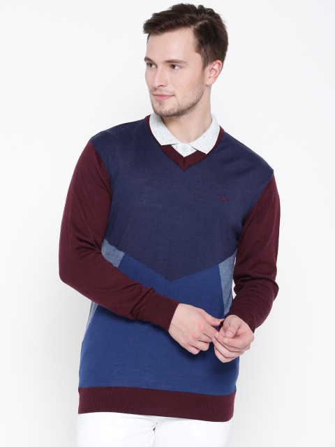 

ColorPlus Men Maroon & Blue Colourblocked Sweater
