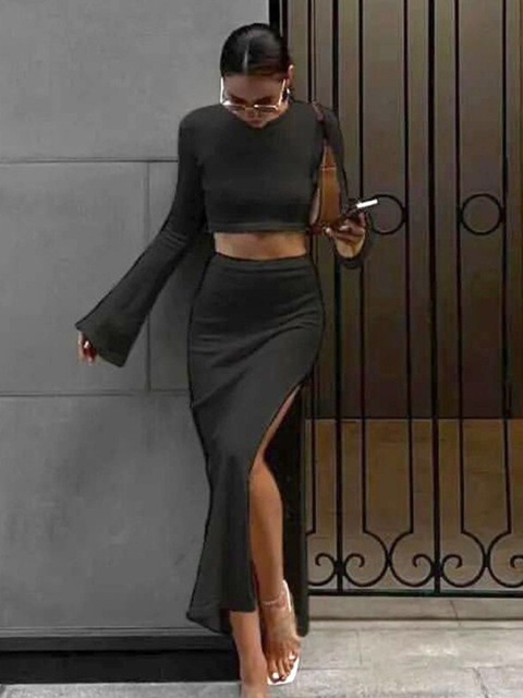 

BoStreet Women Black Solid Top with Skirt