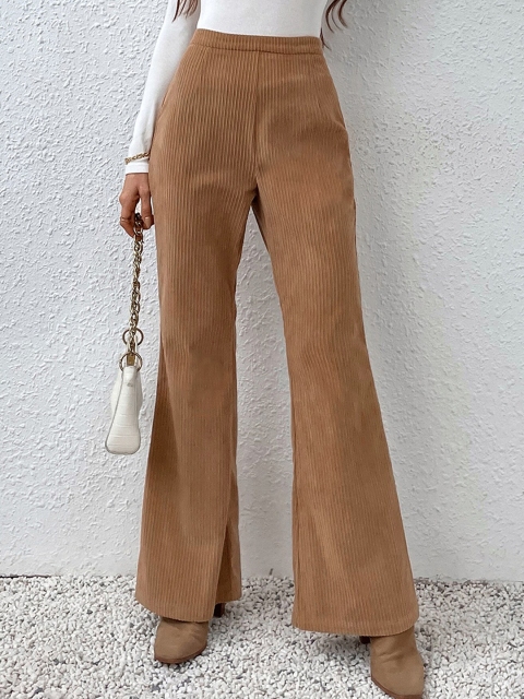 

BoStreet Women Khaki Striped Flared Parallel Trouser