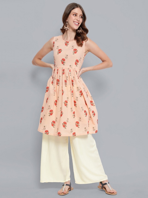

antaran Women Pink & Red Floral Printed Cotton Kurta