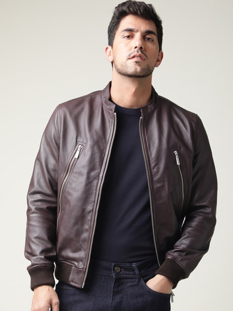 

RARE RABBIT Men Maroon Leather Bomber Jacket