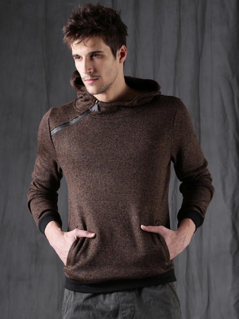 

WROGN Men Brown & Navy Blue Self Design Hooded Sweatshirt