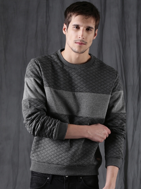 

WROGN Men Charcoal Grey Self-Design Sweatshirt