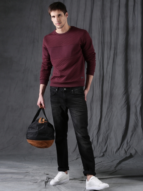 

WROGN Men Burgundy Self Design Sweatshirt