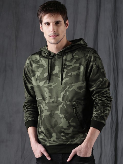 

WROGN Men Olive Green Camouflage Printed Hooded Sweatshirt