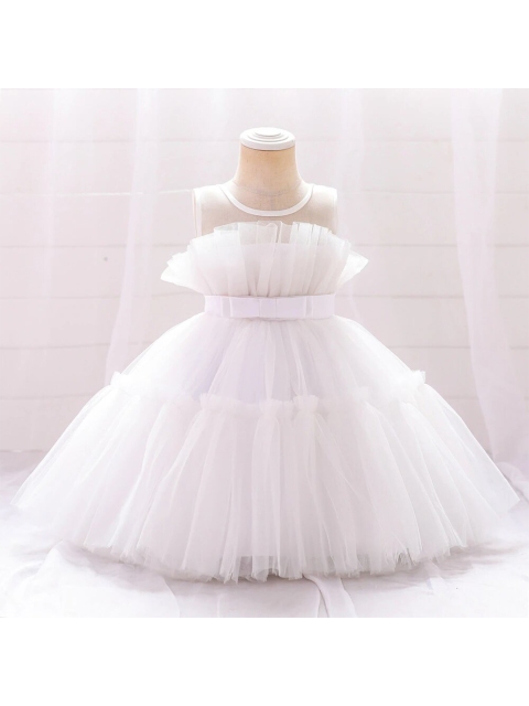 

R Cube Girls White Solid Net Belted Tulle Dress
