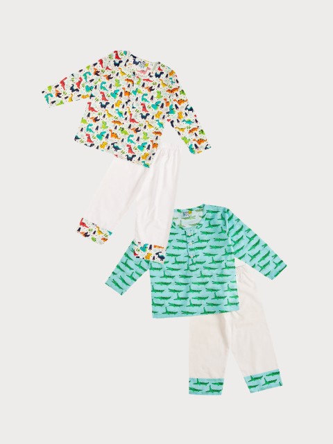 

frangipani Boys Pack of 2 White & Blue Conversational Printed Pure Cotton Night suit