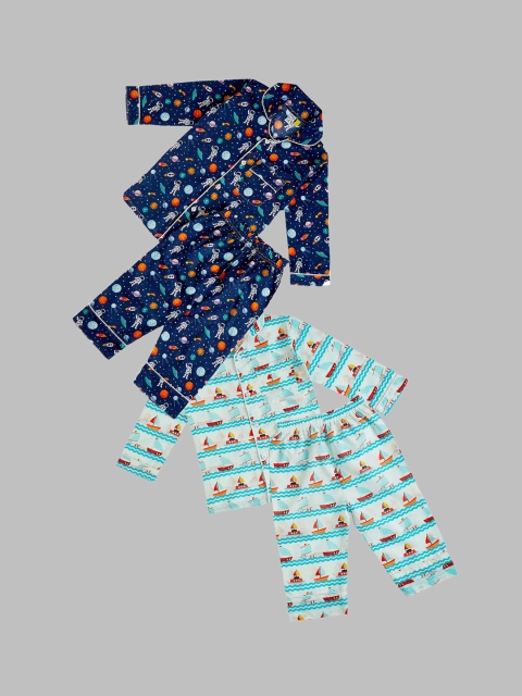 

frangipani Boys Pack Of 2 Blue & Red Conversational Printed Pure Cotton Night suit