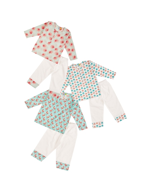 

frangipani Girls Pack Of 3 White & Pink Conversational Printed Night suit