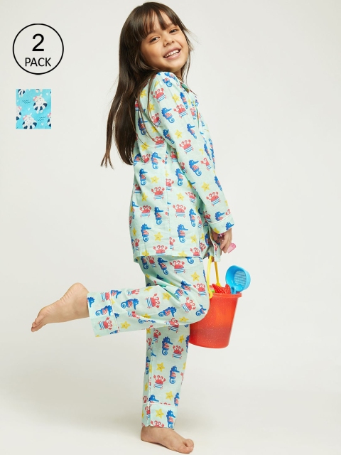 

frangipani Girls Pack Of 2 Blue & Green Pure Cotton Printed Night Suit