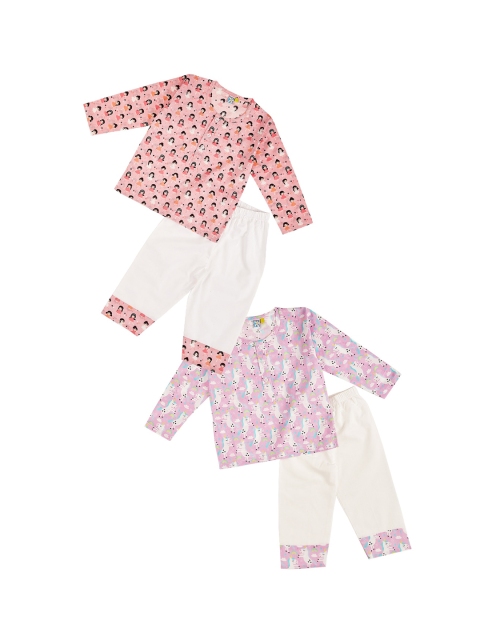 

frangipani Girls Pack of 2 Pink & White Conversational Printed Pure Cotton Night suit