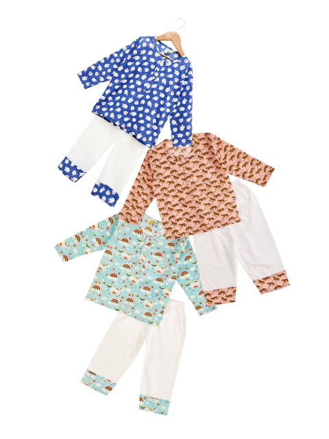 

frangipani Girls Pack of 3 Blue & Green Conversational Printed Pure Cotton Night suit