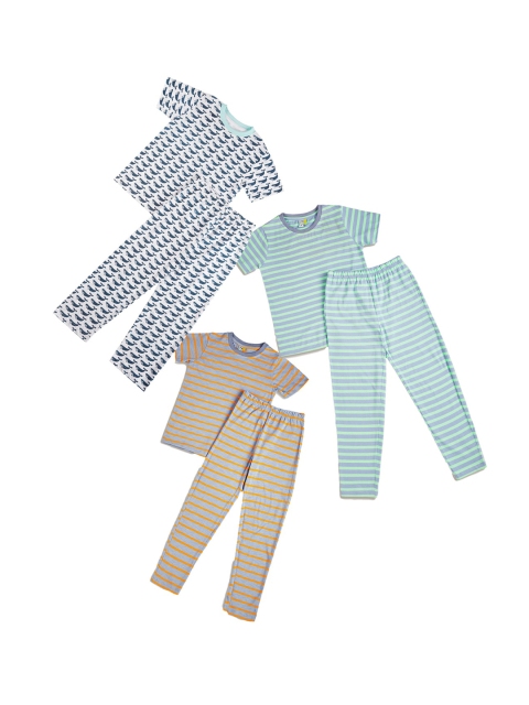 

frangipani Boys Pack of 3 White & Blue Geometric Printed Pure Cotton Night suit