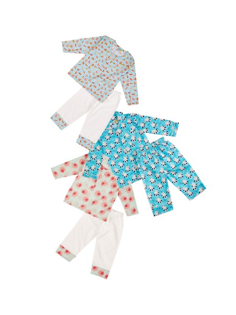 

frangipani Girls Pack Of 3 Green & Blue Printed Pure Cotton Night suit