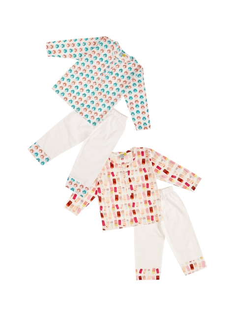 

frangipani Girls Pack Of 2 Green & Peach-Coloured Printed Pure Cotton Night suit