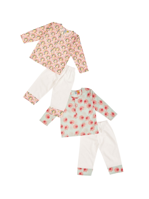 

frangipani Girls Pack Of 2 Peach-Coloured & Green Printed Pure Cotton Night suit