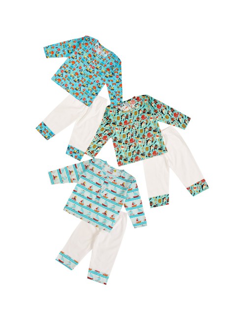 

frangipani Boys Pack Of 3 Green & Blue Printed Pure Cotton Night suit