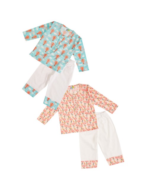

frangipani Boys Pack Of 2 Peach-Coloured & Green Printed Pure Cotton Night suit
