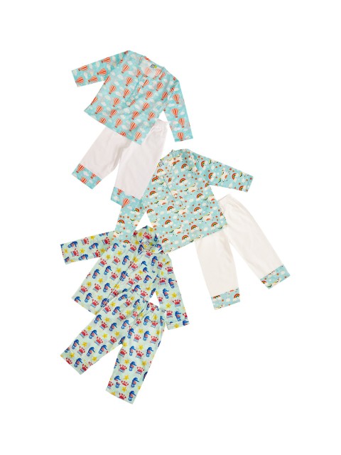

frangipani Girls Pack Of 3 Green & Blue Printed Pure Cotton Night suit