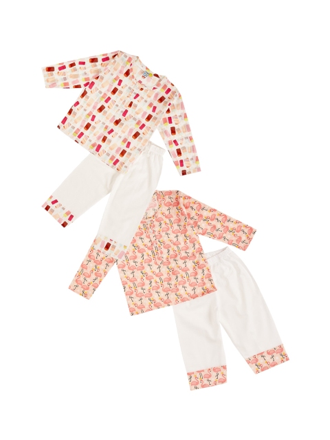 

frangipani Girls Pack Of 2 Peach-Coloured & Red Printed Pure Cotton Night suit