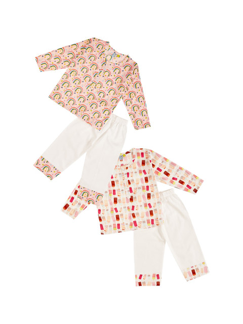 

frangipani Girls Pack Of 2 White & Pink Conversational Printed Pure Cotton Night suit