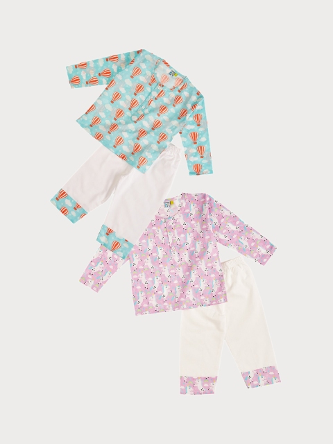 

frangipani Girls Pack Of 2 White & Blue Printed Pure Cotton Night suit