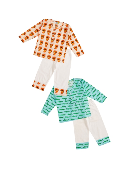 

frangipani Boys Pack Of 2 Peach-Coloured & Green Printed Pure Cotton Night suit