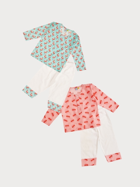

frangipani Girls Pack Of 2 Peach-Coloured & Green Printed Pure Cotton Night suit