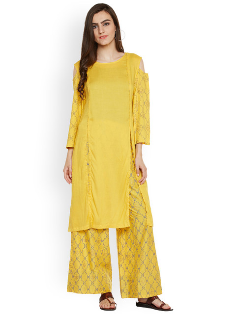

9rasa Women Yellow Printed Kurta with Palazzos