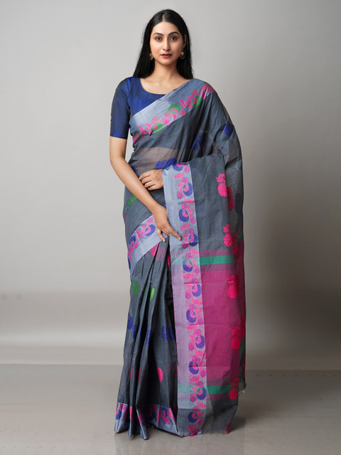 

Unnati Silks Grey & Pink Floral Pure Cotton Handloom Jamdani Saree