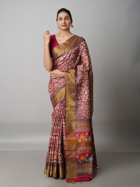 

Unnati Silks Maroon Floral Zari Pure Silk Handloom Tussar Saree