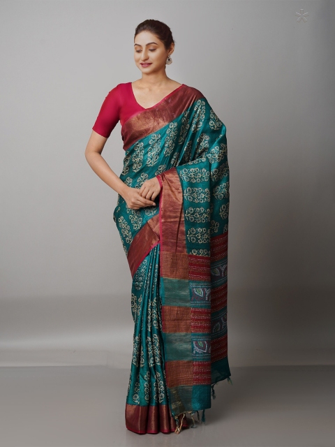 

Unnati Silks Green & Gold-Toned Floral Zari Pure Silk Handloom Tussar Saree