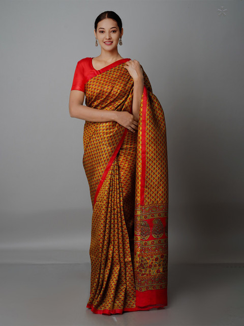 

Unnati Silks Orange & Red Ethnic Motifs Pure Mysore Silk Handloom Saree