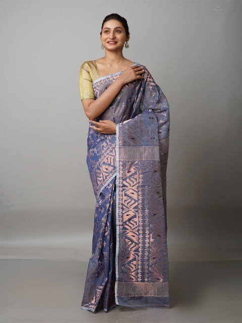 

Unnati Silks Blue & Copper-Toned Zari Pure Cotton Handloom Jamdani Saree
