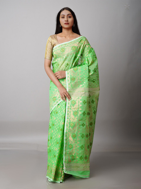 

Unnati Silks Green & Gold-Toned Ethnic Motifs Zari Pure Cotton Handloom Jamdani Saree