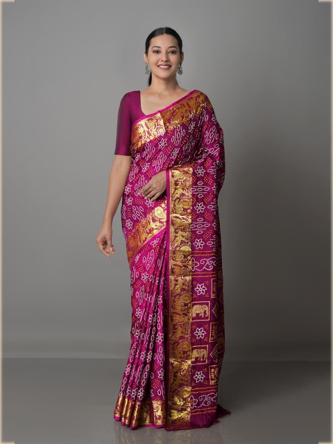 

Unnati Silks Purple & Gold-Toned Bandhani Zari Silk Blend Bandhani Saree