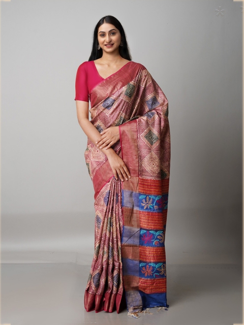 

Unnati Silks Cream-Coloured & Red Zari Pure Silk Handloom Tussar Saree