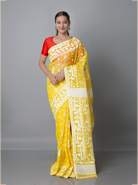 

Unnati Silks Yellow & White Pure Cotton Handloom Jamdani Saree