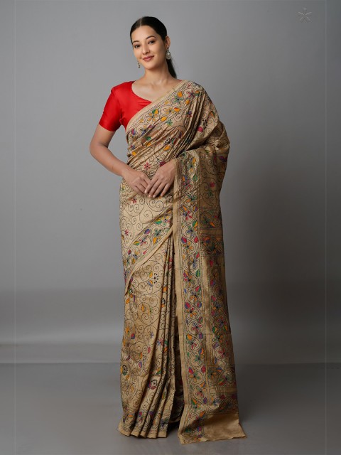 

Unnati Silks Brown & Red Floral Embroidered Pure Silk Murshidabad silk Saree