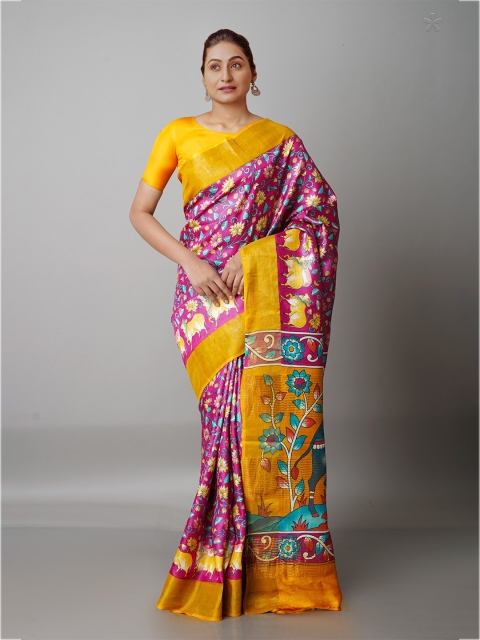 

Unnati Silks Pink & Yellow Floral Zari Pure Silk Tussar Saree