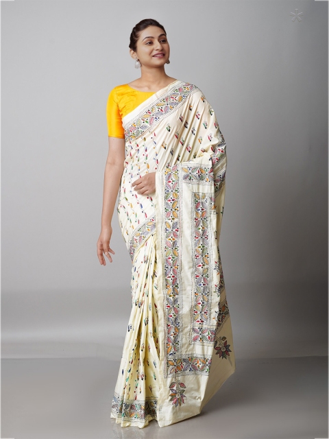 

Unnati Silks Beige & Red Floral Embroidered Pure Silk Murshidabad silk Saree