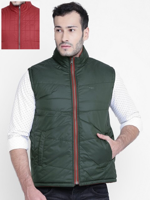 

ColorPlus Men Olive Green & Maroon Solid Sleeveless Reversible Jacket
