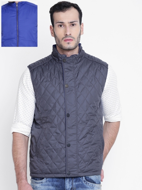 

ColorPlus Men Grey & Blue Solid Reversible Quilted Jacket