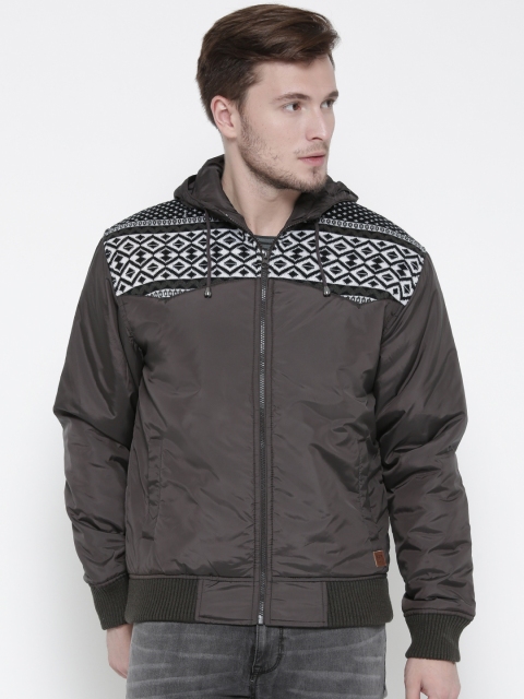 

ColorPlus Men Brown Tailored Fit Self-Design Hooded Bomber Jacket