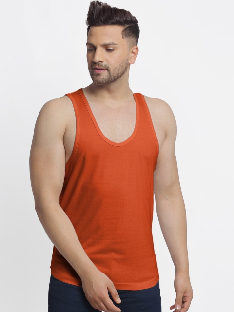 

Friskers Men Rust-Orange Solid Pure Cotton Gym Vests