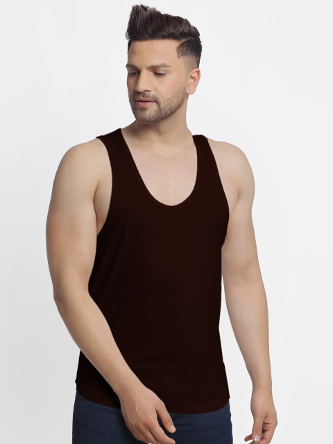 

Friskers Men Brown Solid Cotton Innerwear Gym Vests