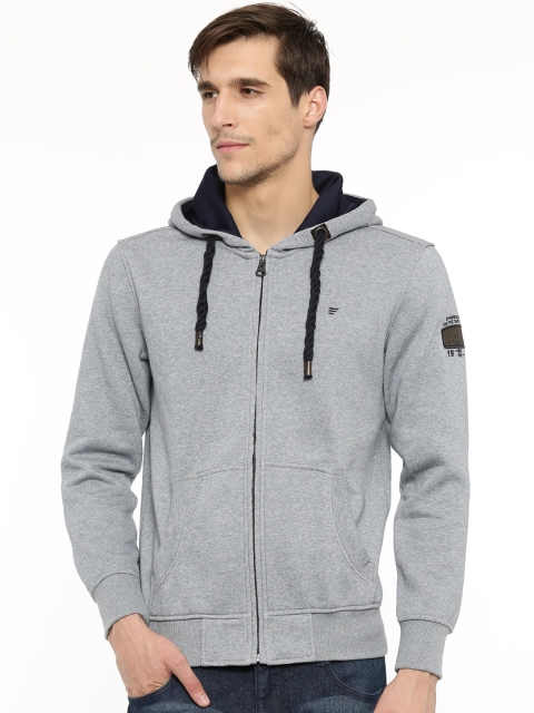 

t-base Men Grey Solid Hooded Sweatshirt