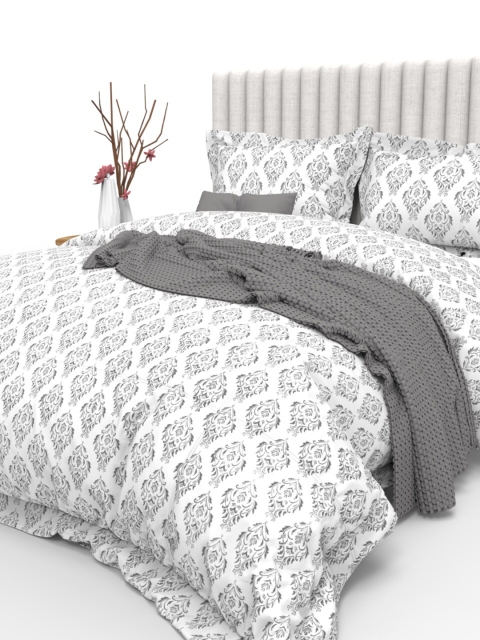 

THE WHITE MOSS Grey & White Floral 350 TC King Bedsheet with 2 Pillow Covers